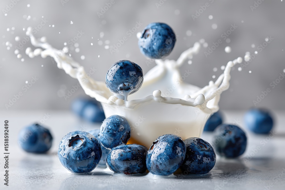Aufkleber a close-up of fresh blueberries splashing into a bowl of milk, creating a dynamic and appetizing sce