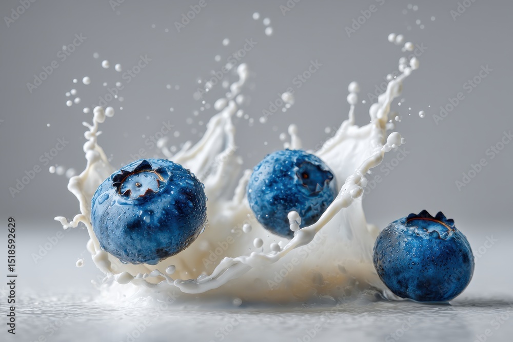 Aufkleber fresh blueberries splashing into milk creating a dynamic burst, showcasing the fruit's vibrant color