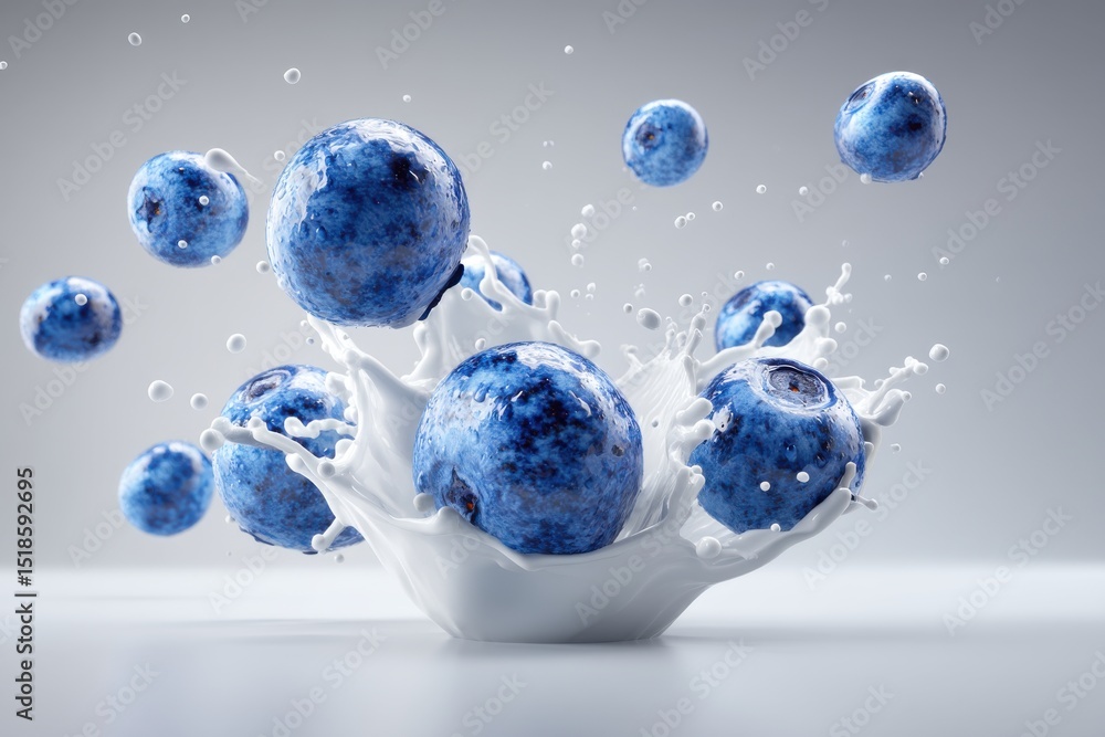 Poster fresh blueberries are dropping into splashing milk, creating a dynamic scene with smooth, white liqu