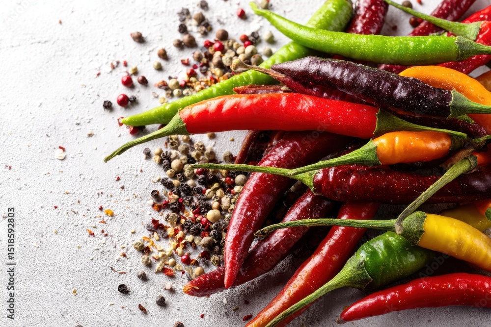 Poster an overhead close-up shot of a vibrant mix of fresh chili peppers in multiple colors with spice mix 