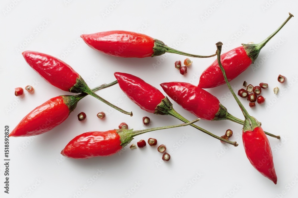 Poster a vibrant close-up of red chili peppers, strategically arranged on a white background, with their ri
