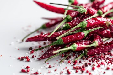 A close-up studio shot shows a spicy arrangement of red chili peppers, creating a vibrant culinary composition with sea salt, and black peppercorns on a white background.