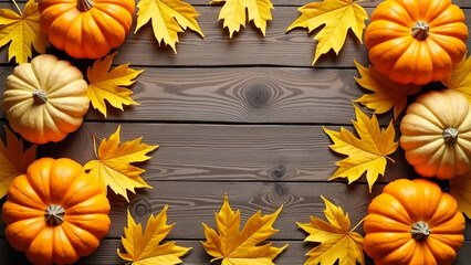 AI generated images of maple leaves in autumn colors, and pumpkins. On a wooden background
