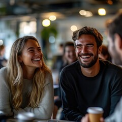 Joyful Friends Laughing Together in a Cozy Cafe Setting