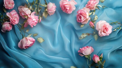 Pink Roses on Blue Silk Fabric