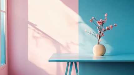 Pink Flowers in Vase on Pastel Table.