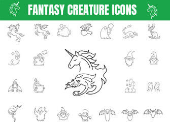 Fantasy Creature Line Icon Set – Vector Pictograms of Mythical Beings & Monsters

