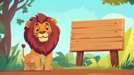 Cute Lion with Blank Wooden Sign in Jungle Setting