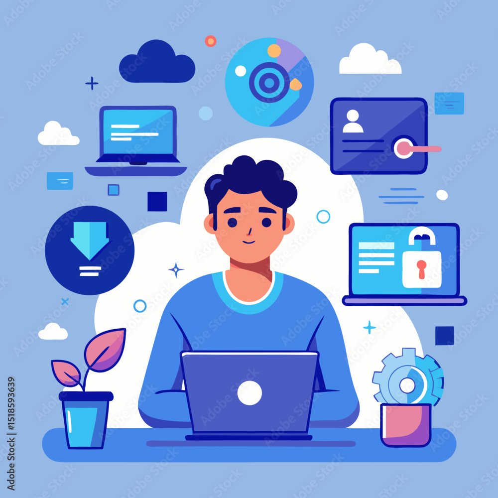 Poster young man working on laptop with cloud computing and data security icons