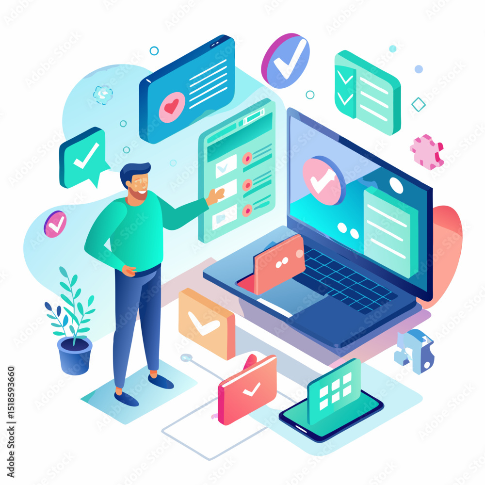 Poster man using laptop for online task management and checklist