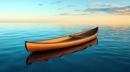 Wooden Canoe on Calm Water at Sunset.