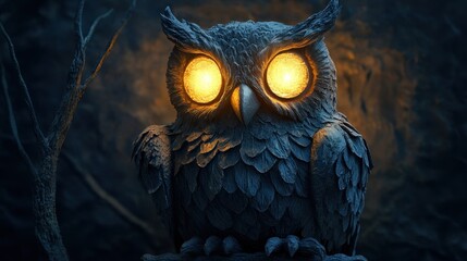 Illuminated Owl Statue in the Dark Forest
