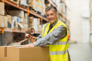 Middle-aged man wearing hi-vis vest sealing cardboard box with tape dispenser at warehouse racks © wavebreak3