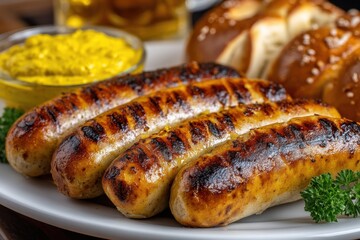 A tempting close-up of grilled German sausages, showcasing a delicious Bavarian pretzel, and flavorful mustard, all arranged on a plate, ready to eat and enjoy.