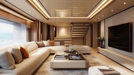 Interior view of a luxurious yacht living room with a large sofa and a staircase leading to upper deck
