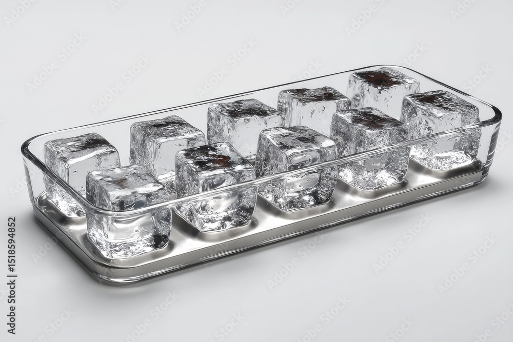 Poster crystal clear ice cubes in a glass tray with a silver base, creating a refreshing and cool image, pe