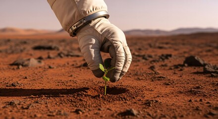 An astronaut plants a plant in the red soil of the planet Mars. The concept of space colonization and extraterrestrial life for future research.