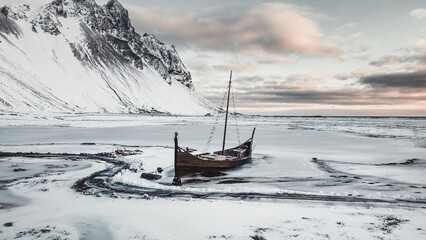Viking village. Iceland. Sunrise. Sunset. Winter