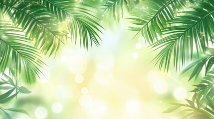 Fototapeta premium Luminous background featuring vibrant green palm leaves, with a soft glowing bokeh effect and sunny highlights creating dreamy ethereal feel. Ideal for summer, nature or serene themes