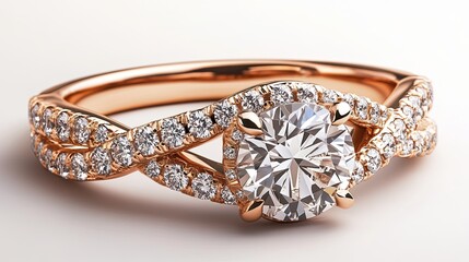 Close up of a rose gold engagement ring with a large clear diamond and smaller diamonds on the band