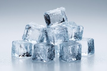 A refreshing stack of ice cubes with water droplets, creating a cool and inviting ambiance, ideal for beverage or summer themed designs, with crystal clear texture and blue hue.
