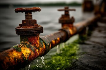A close-up of a heavily rusted and aged water pipe with valves, exhibiting corrosion and deterioration due to prolonged exposure to the elements and aquatic environment.