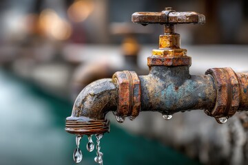 An old, rusty faucet with water droplets, showing signs of corrosion and wear, against a blurred background, a symbol of water wastage, needing repair.
