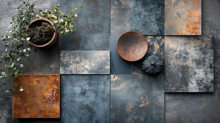 Overhead shot of textured tiles with plant pot, plate, and decorative gourd on a mottled surface
