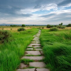 Stone path through field landscape on white background