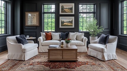 Living room featuring white upholstered furniture, dark walls, and a patterned area rug in a home