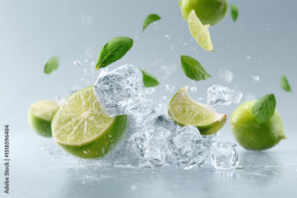 Poster fresh and invigorating: lime slices and ice cubes in a dynamic splash, enhanced with vibrant green l