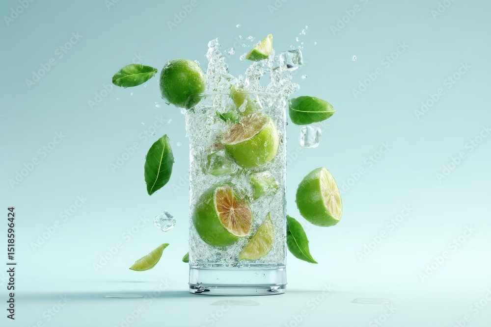 Poster refreshing glass of lime infused water with ice cubes and lime slices creating a splash, against a c