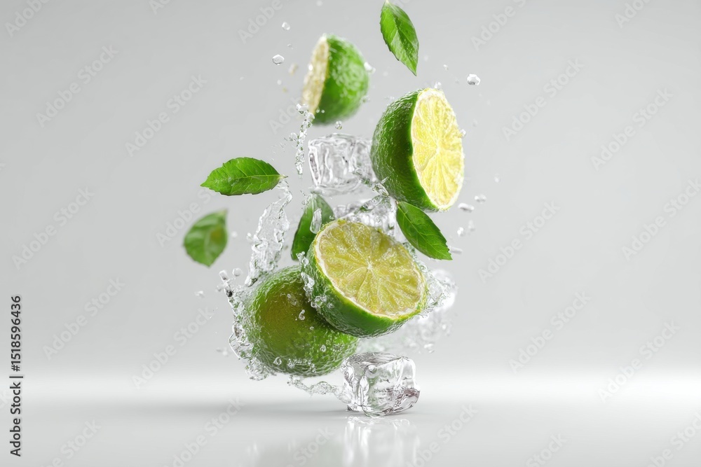 Poster fresh lime slices and ice cubes in a dynamic water splash, creating a refreshing and vibrant scene p