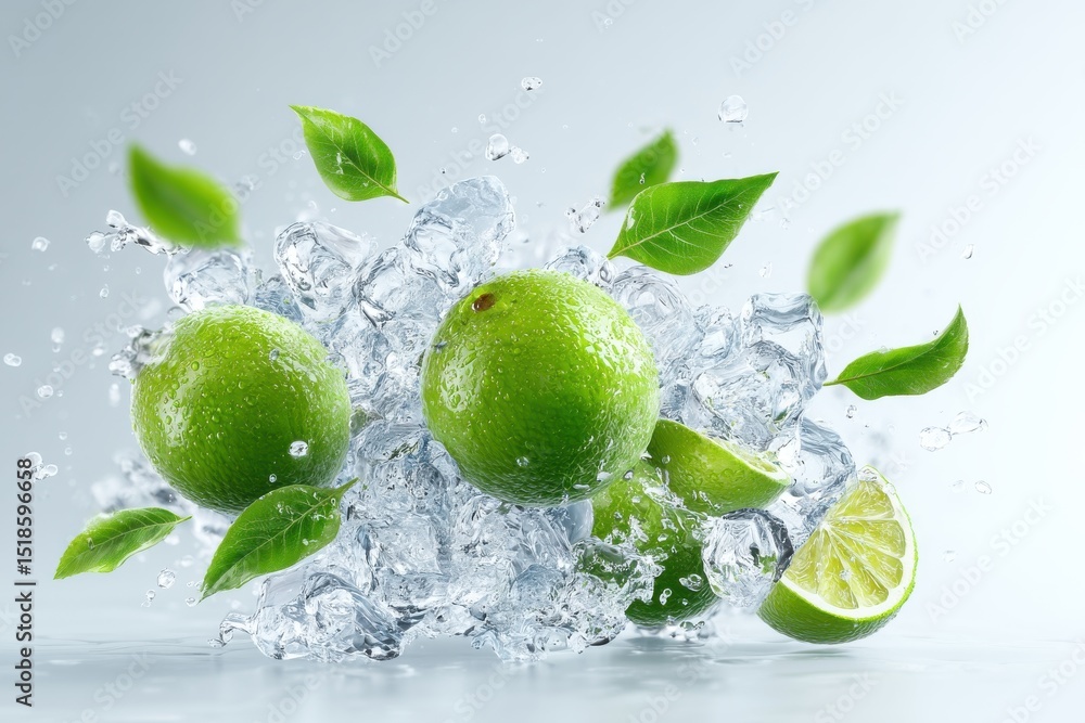 Poster fresh limes and ice cubes with water droplets, surrounded by green leaves on a light background crea