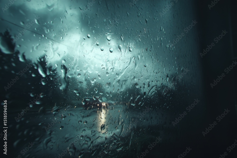 Poster a moody scene through a raindrop-covered window on a dark and stormy day, creating a sense of atmosp