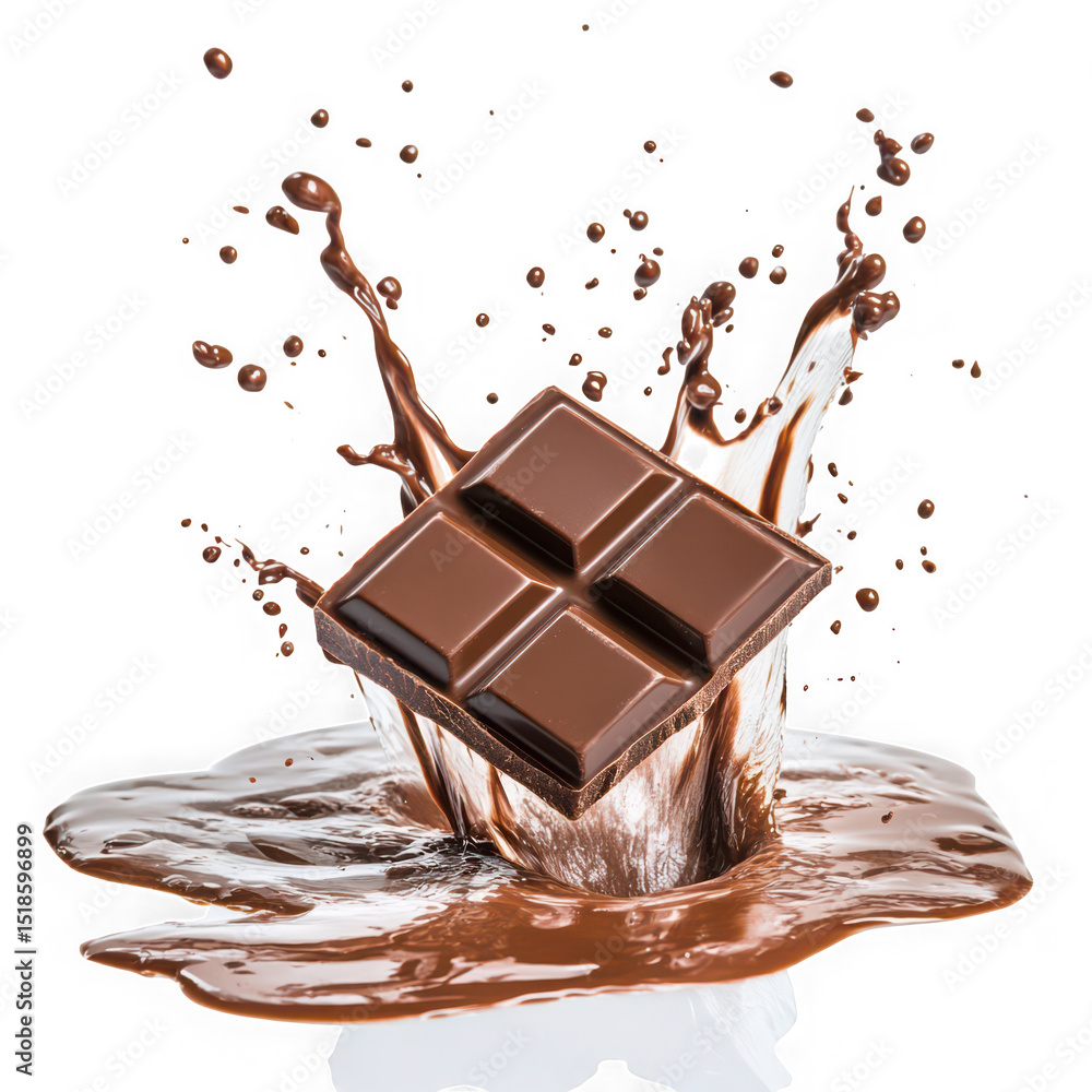 Poster a square of chocolate falling into a splash of chocolate on a black background studio shot on transp