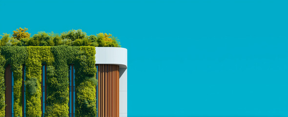Modern green building with vertical garden and blue sky. Eco-architecture concept with copy space for business use