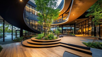 A modern architectural design featuring a central courtyard with lush greenery and wooden flooring