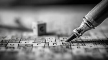 Close-up view of a pen over a word puzzle grid.
