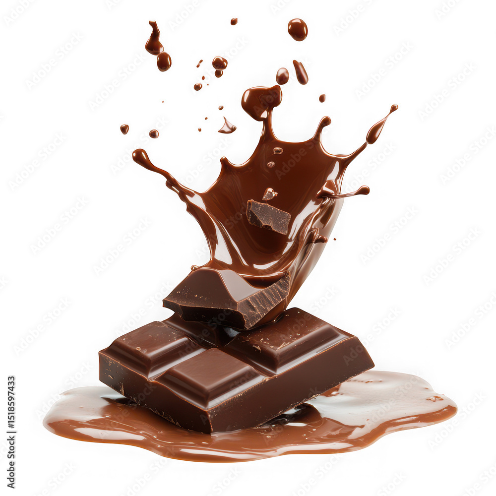 Poster chocolate bar pieces with a splash of chocolate on a black background in a studio shot image on tran