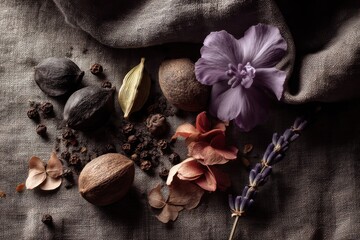 Fototapeta premium Artistic composition of aromatic spices and delicate flowers on rustic textile background, evoking a sense of natural beauty and tranquil elegance. Top view composition.