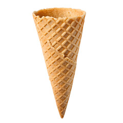 An empty waffle ice cream cone against a black background.