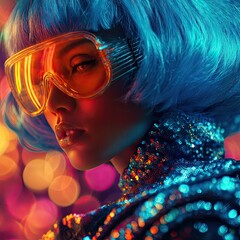 Portrait of a woman with blue hair wearing futuristic orange glasses and a sequined jacket in bokeh lights