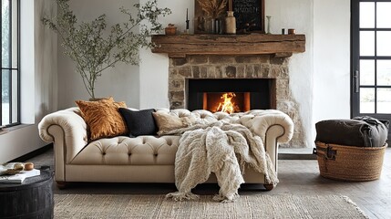 A cozy living room with a fireplace, a tufted sofa, pillows, and a woven basket with a cushion on top