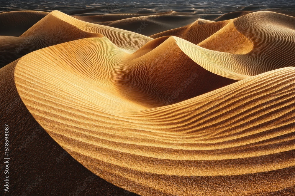 Poster a mesmerizing view of vast desert landscape with golden sand dunes, creating a captivating pattern u