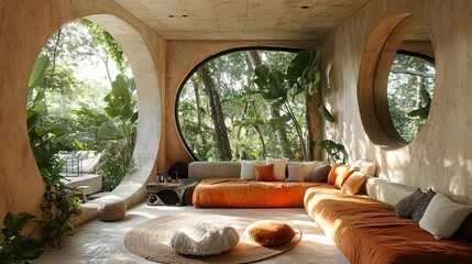 Interior view of a living space with round windows overlooking lush greenery and a large orange couch