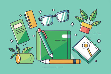Stationery collection, office supplies, study tools, green notebook, pens, glasses, plants, organized workspace, creative study concept.