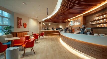 Interior view of a modern coffee shop with wooden accents and orange seating arrangements present now