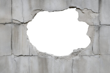 Rough-edged hole in a concrete wall, isolated on transparent or white background, ideal for urban, demolition, or construction-themed visual projects.