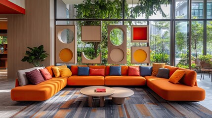 Interior view of a modern lobby with an orange sectional sofa and abstract wall decorations near windows